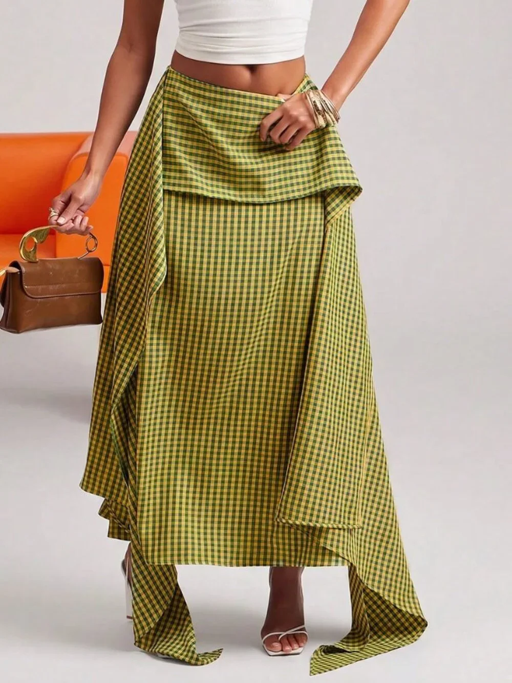Yellow Casual Women's Gingham Tiered Flare Midi Skirt